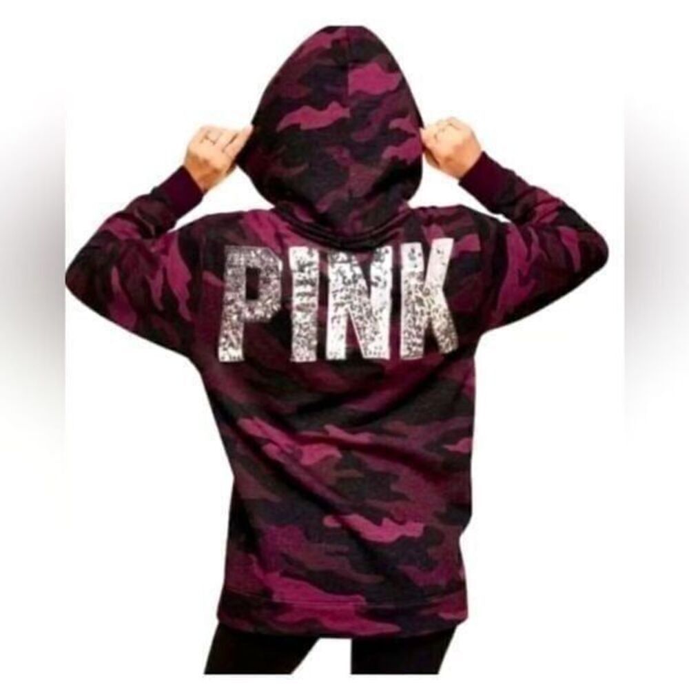 Pink Vs camouflage red bling sequin Sherpa Hoodie hooded sweatshirt jacket Large - Picture 1 of 7